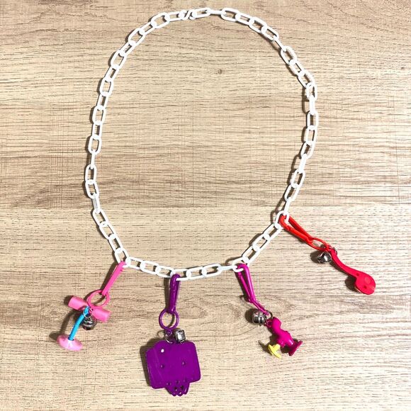 Vtg Plastic Charms Bell Clip Set of 4 Lamp Basketball Pipe White Chain Necklace - Picture 5 of 9